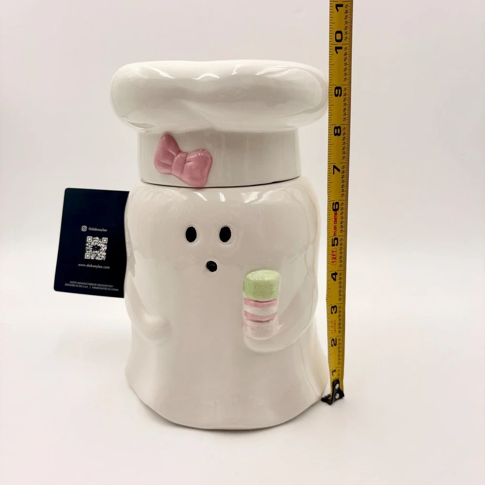 Dabney Lee Ghost Baker Ceramic Utensil Holder Cookie Jar Pink Bow Macarons NEW